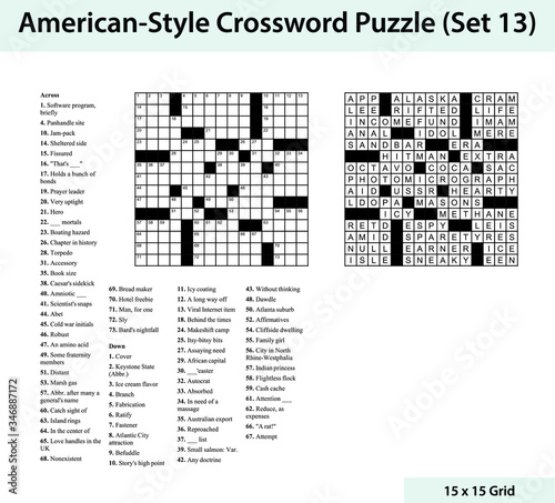 American style crossword puzzle with a 15 x 15 grid. Includes blank crossword grid, clues, and solution.