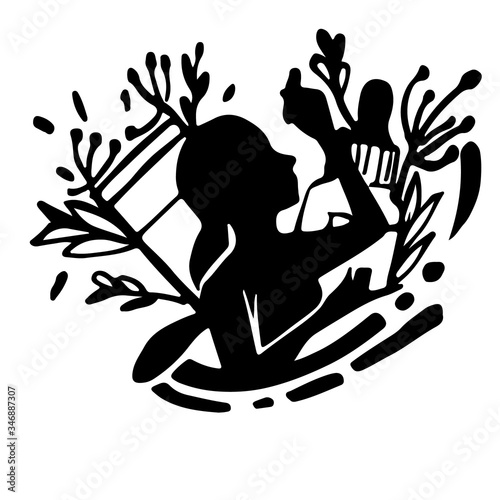 Black silhouette girl with cosmetics and vegetation flat vector illustration on white background