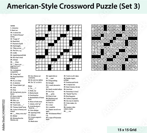 American style crossword puzzle with a 15 x 15 grid. Includes blank crossword grid, clues, and solution.