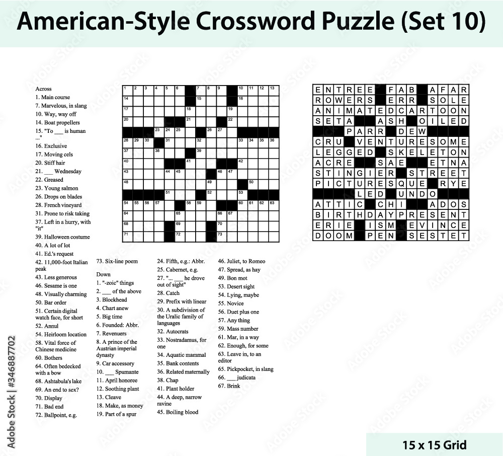 American style crossword puzzle with a 15 x 15 grid. Includes blank crossword grid, clues, and solution.