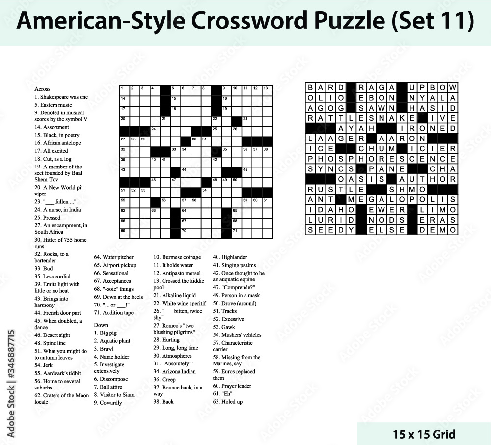 American style crossword puzzle with a 15 x 15 grid. Includes blank crossword grid, clues, and solution.
