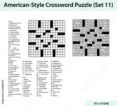 American style crossword puzzle with a 15 x 15 grid. Includes blank crossword grid, clues, and solution.