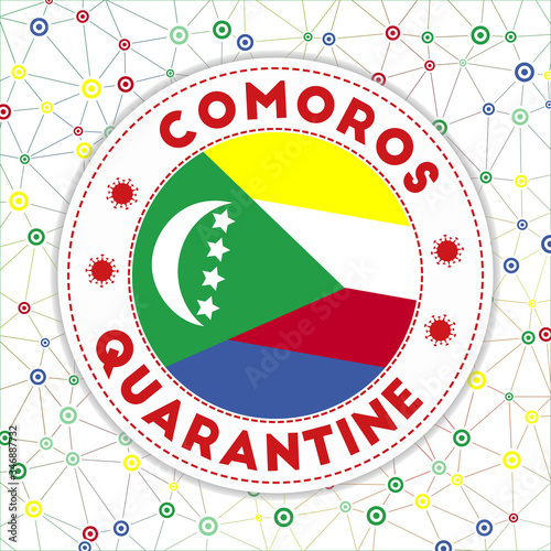 Quarantine in Comoros sign. Round badge with flag of Comoros. Country lockdown emblem with title and virus signs. Vector illustration.