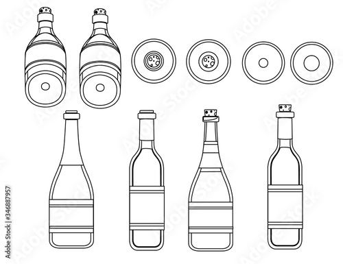 Outline wine glass bottle set flat vector illustration on white background