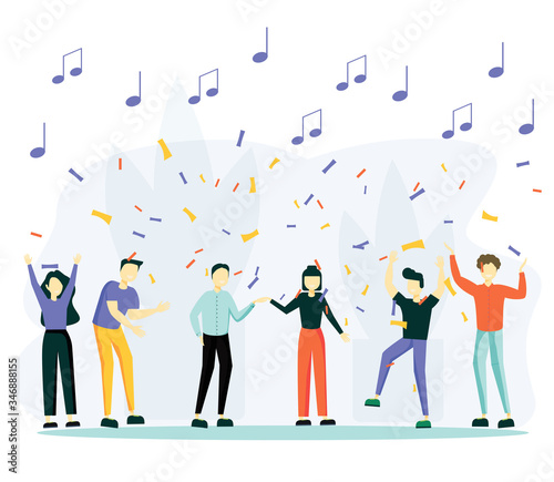 vector illustration, a group of people dancing and having fun to the music. Team of Young People Tossing Up in Air Man with Confetti Flying Around. 