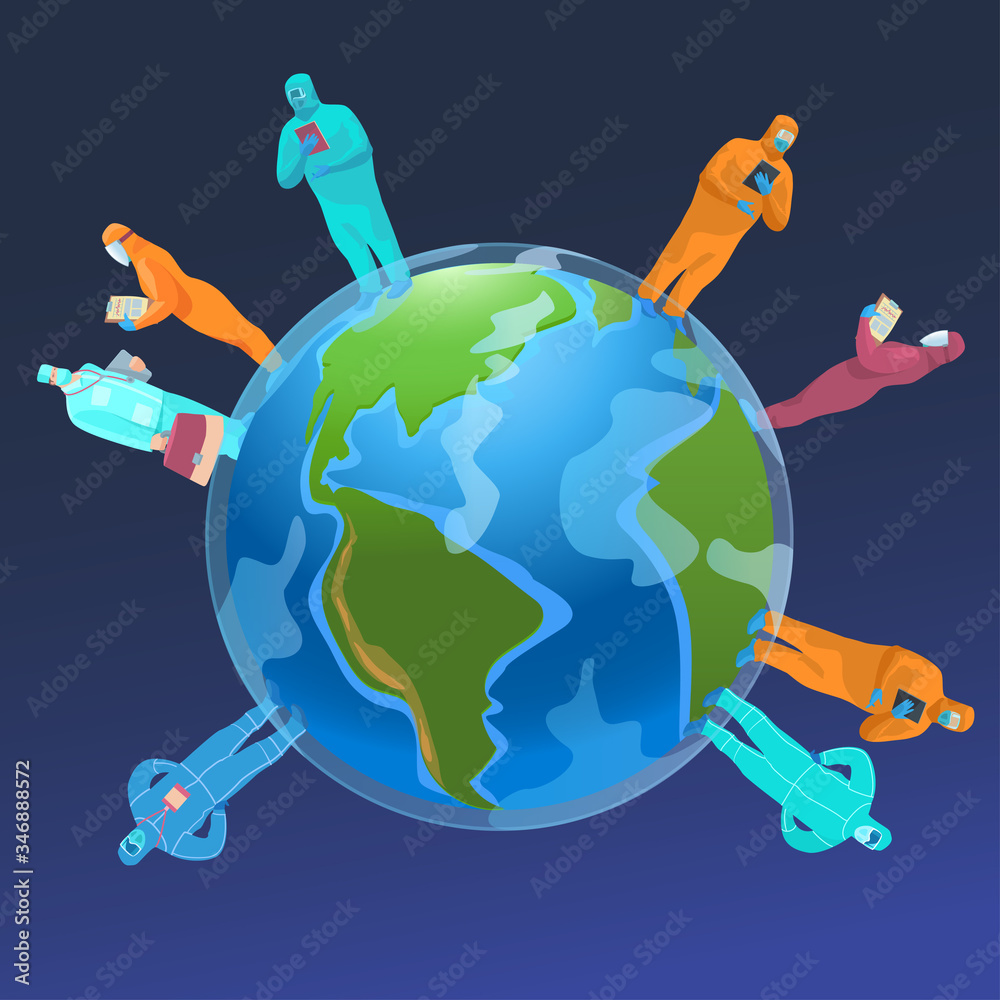 Naklejka premium Vector stock illustration. Doctors on the globe are global protection and treatment for a viral pandemic.