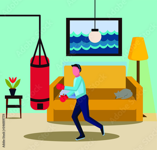 The guy goes in for sport at home. Box at home. Vector illustration showing physical activity.