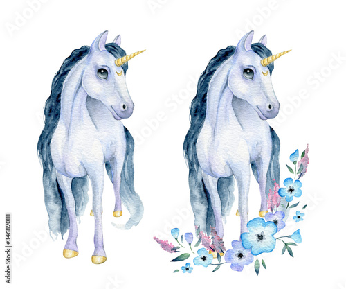 Watercolor illustration of realistic blue unicorn with golden horn and flowers isolated on white background