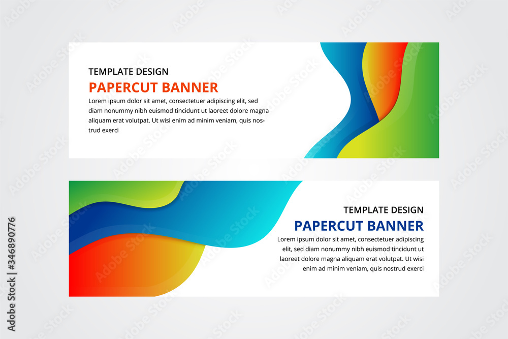 Obraz premium Horizontal banners with 3D abstract background, white paper cut shapes. design layout for business presentations, flyers, posters and invitations. Carving art with blue, orange, green white colors