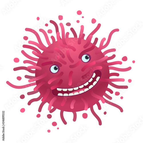 Vector stock illustration. Live virus cell with eyes smiling tentacles. Animated, character.