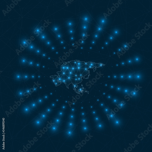 Asia digital map. Glowing rays radiating from the continent. Network connections and telecommunication design. Vector illustration.