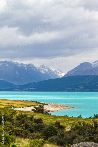 Mountain range along the shores of Lake Pukaki on the South Island. New Zealand