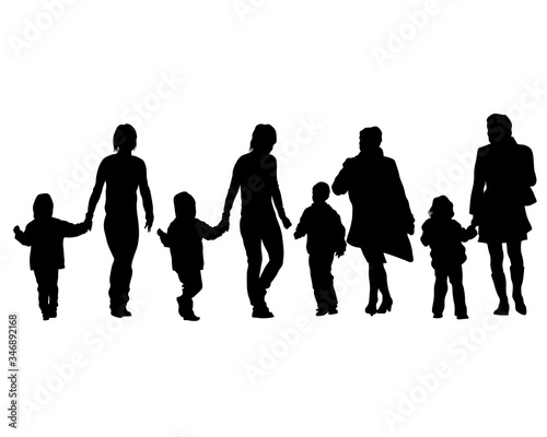 Families with little child walking on street. Isolated silhouettes of people on white background