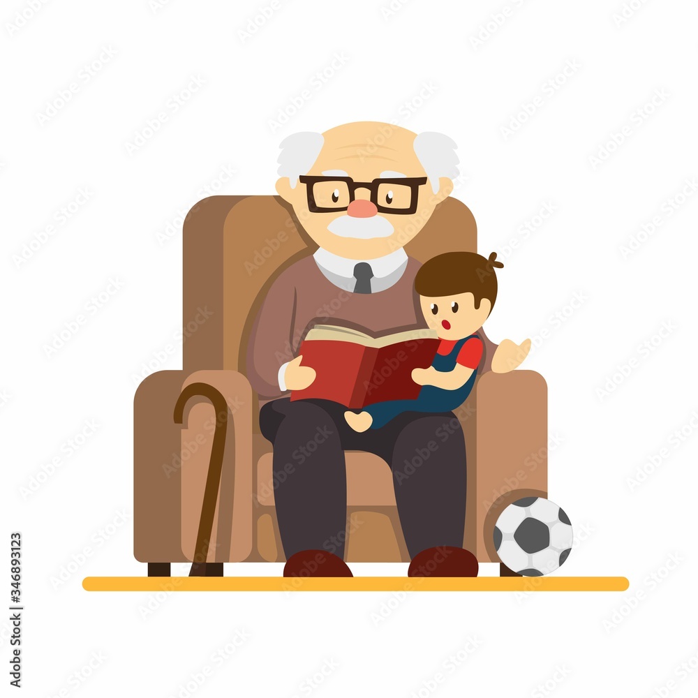 Grandparent day, granpa sit in sofa and reading story book to grandchildren. in cartoon flat illustration vector isolated in white background
