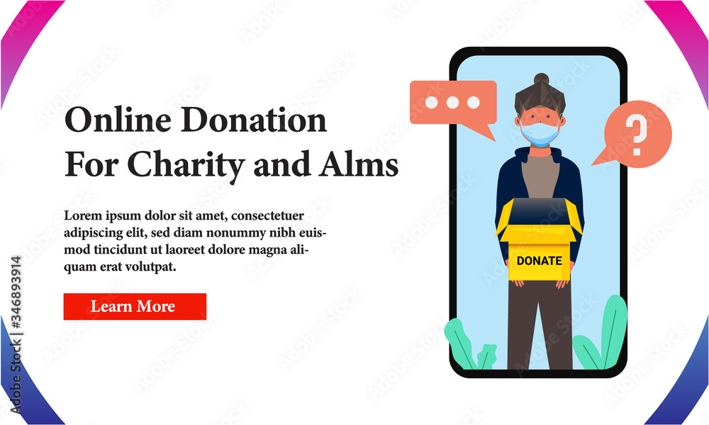 Banner online donation for charity with flat illustration women on screen phone
