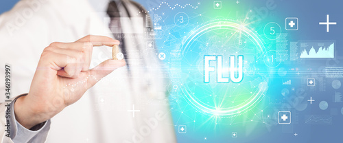 Close-up of a doctor giving you a pill with FLU abbreviation, virology concept