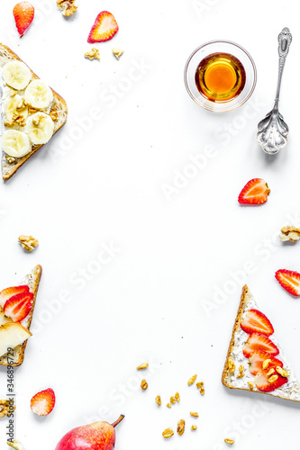 healthy breakfast with sandwiches set on white background top view mockup
