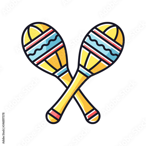Maracas RGB color icon. Traditional musical instrument for ethnic festival. Crossed shakers for band performance. Rhythm percussion for dance rhythms. Rattle sound. Isolated vector illustration