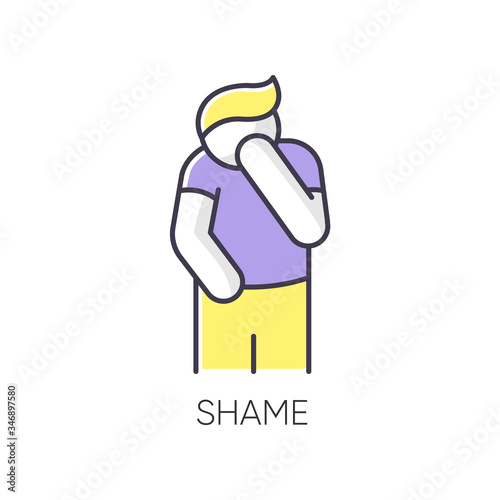 Shame RGB color icon. Human feeling embarrassed. Social emotion of guilt. Moral toxic feeling. Mental health issue. Psychological trauma. Man cover face. Isolated vector illustration