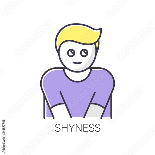 Shyness RGB color icon. Person feeling awkward. Man embarrassed. Social anxiety. Low self esteem. Emotional abuse symptom. Worry and doubt. Avoid eye contact. Isolated vector illustration