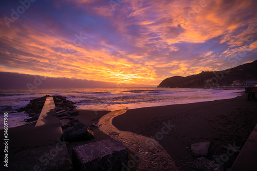 sunset, sea, jetty, Levanto, italy