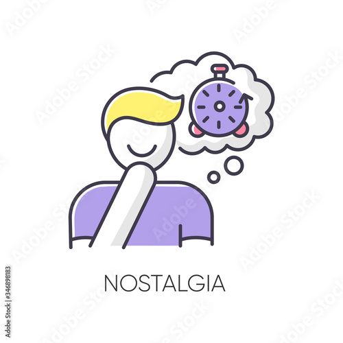 Nostalgia RGB color icon. Positive mood. Man feeling sentimental. Person reflecting on past times. Memory trigger. Remember with smile. Emotional intelligence. Isolated vector illustration