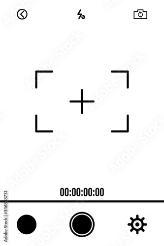 Camera screen with white frame, figures and battery symbol. Camcorder viewfinder on black background. Vector illustration for your graphic design