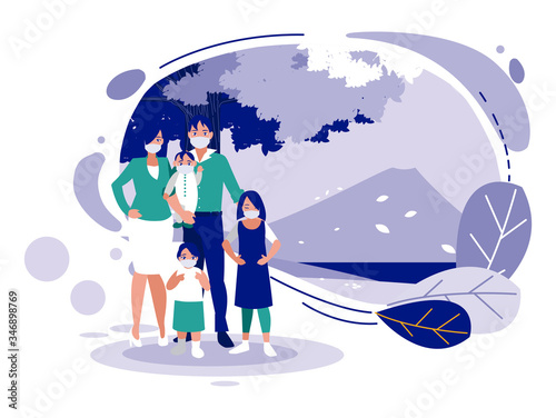 Family with masks in front of landscape vector design