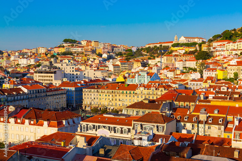 Old town panorama during sunset seen from Santa Justa Lift in Lisbon city, Portugal photo