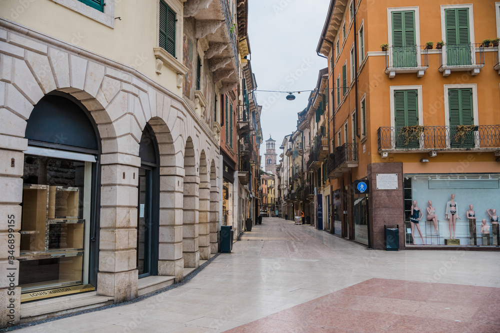 Verona during Coronavirus quarantine, empty street Via Mazzini  around Arena
