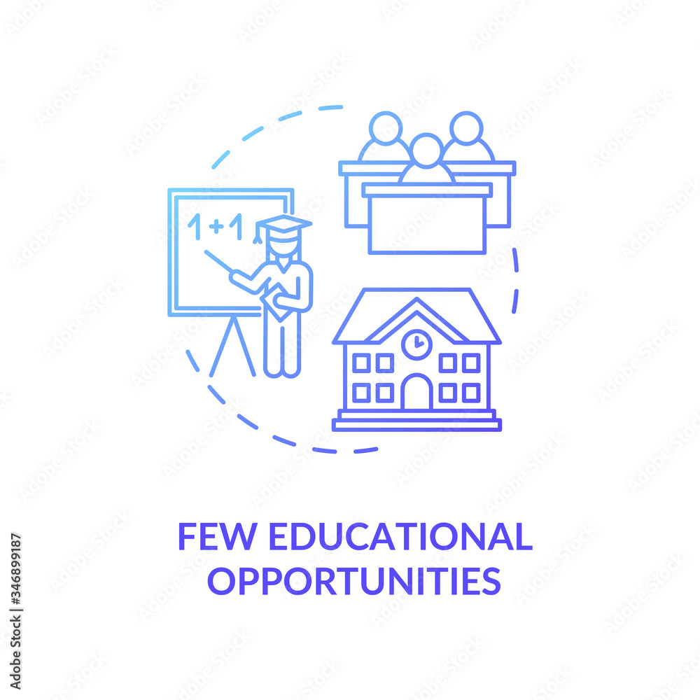 Few educational opportunities blue concept icon. School and teaching option. Village life disadvantage for studying idea thin line illustration. Vector isolated outline RGB color drawing