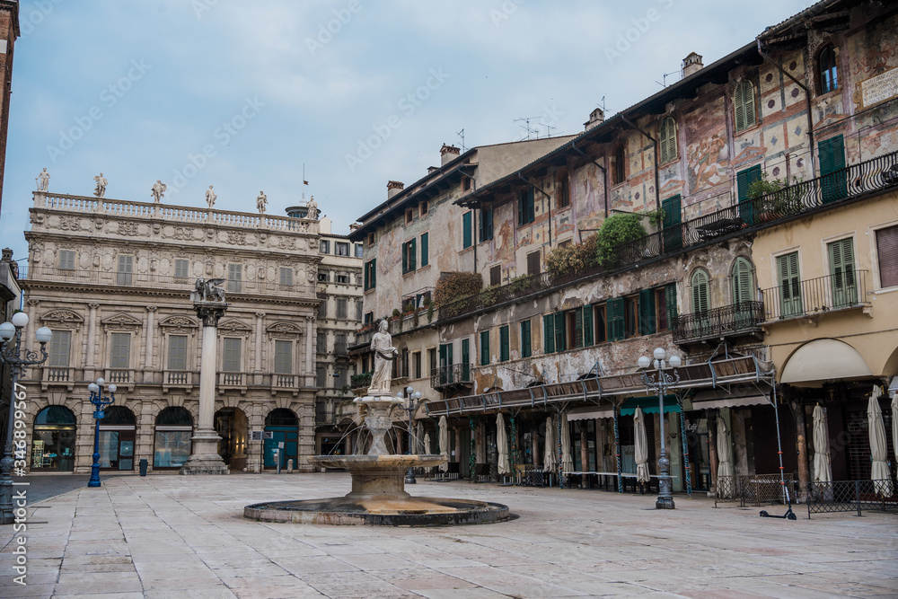 Verona during Coronavirus quarantine, empty piazza Erbe square
