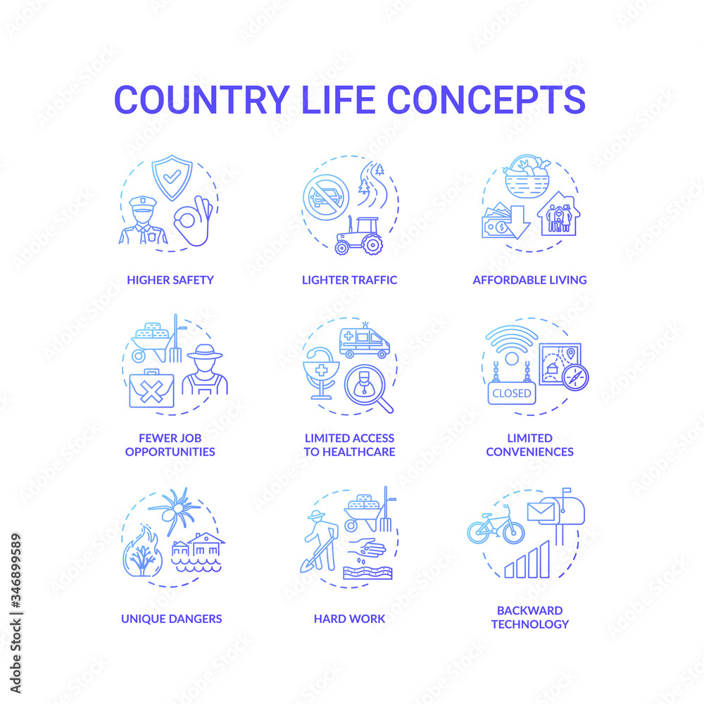Country life blue concept icons set. Advantage and disadvantage of farming. Work outside city. Village living idea thin line RGB color illustrations. Vector isolated outline drawings