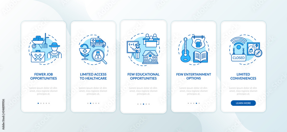 Suburb disadvantages onboarding mobile app page screen with concepts. Living conditions in country walkthrough 5 steps graphic instructions. UI vector template with RGB color illustrations