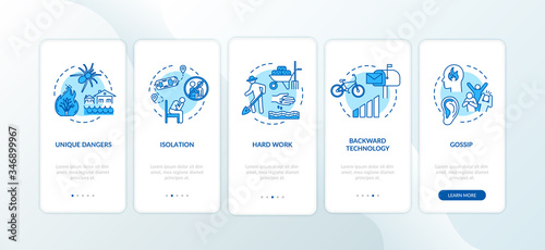 Life outside city onboarding mobile app page screen with concepts. Living conditions in countryside walkthrough 5 steps graphic instructions. UI vector template with RGB color illustrations