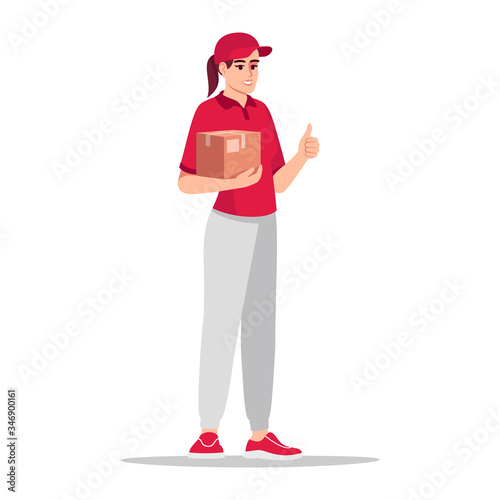 Female courier in red shirt holding parcel semi flat RGB color vector illustration. Caucasian employee with cardboard box. Delivery worker isolated cartoon character on white background