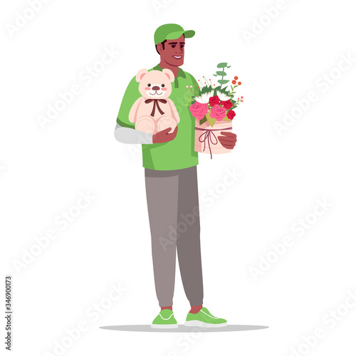 Valentine gift delivery semi flat RGB color vector illustration. Send plush bear and flower bouquet. Male african courier in green uniform isolated cartoon character on white background