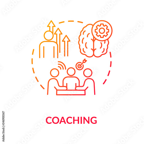Coaching concept icon. Teaching, mentorship, teamwork idea thin line illustration. Group coworking skills development, team building. Vector isolated outline RGB color drawing