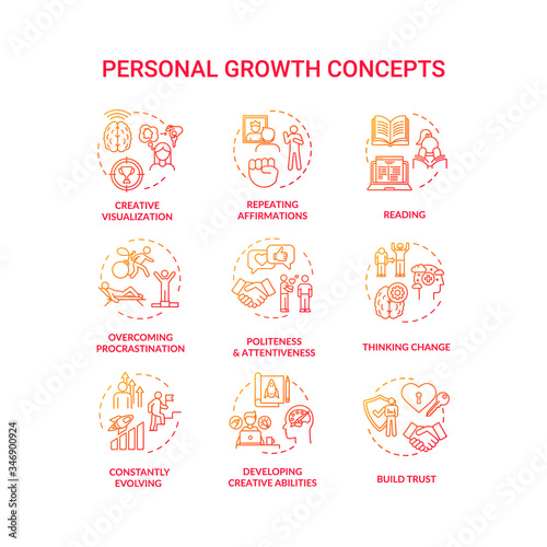 Personal growth concept icons set. Self improvement, goals achievement idea thin line RGB color illustrations. Skills and relationship development. Vector isolated outline drawings