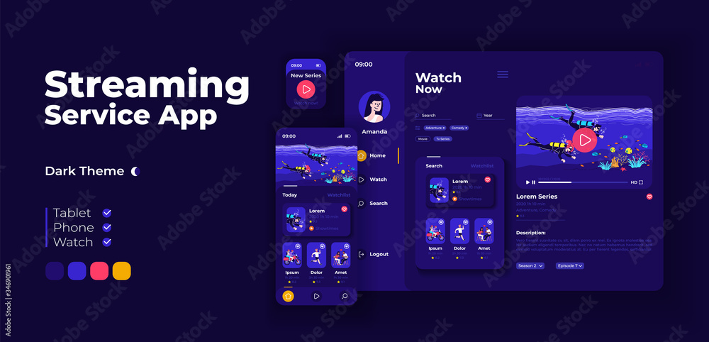 Live streaming service app screen vector adaptive design template. Video blogging application night mode interface with flat characters. Public broadcasting smartphone, tablet, smart watch cartoon UI Live streaming service app screen vector adaptive design template. Video blogging application night mode interface with flat characters. Public broadcasting smartphone, tablet, smart watch cartoon UI
