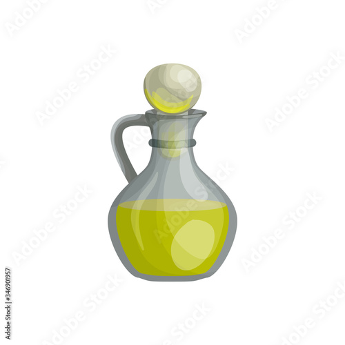 Vector illustration with a glass jar of vegetable oil or olive, nutty liquid oil in cartoon style. Bottle of aromatherapy oil for spa treatments cooking and perfumes. Icon for website design packaging