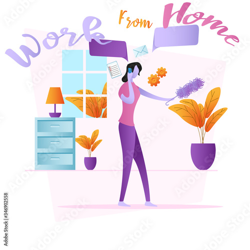 Vector illustration of a woman working from home. Women calling while doing housework. Work from home because of the covid-19 pandemic. Woman cleaning the house vector illustration
