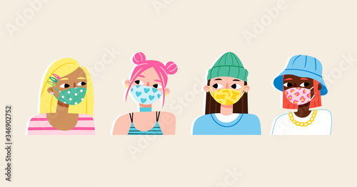Set of stylish girls wearing face masks preventing the coronavirus pandemic. Fashionable protection from virus, flu outbreak or air pollution. Women avatars. Cute cartoon illustration in flat style. 