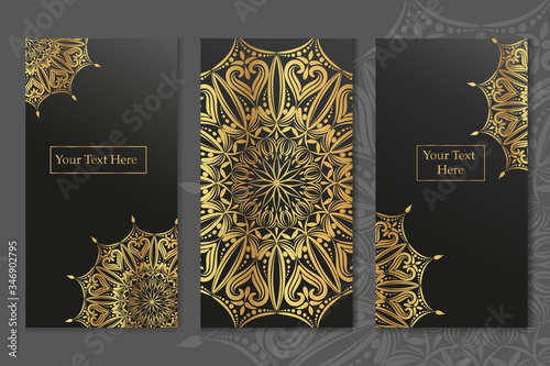 Three vector greeting cards with gold lace elements and with place for text on a black background