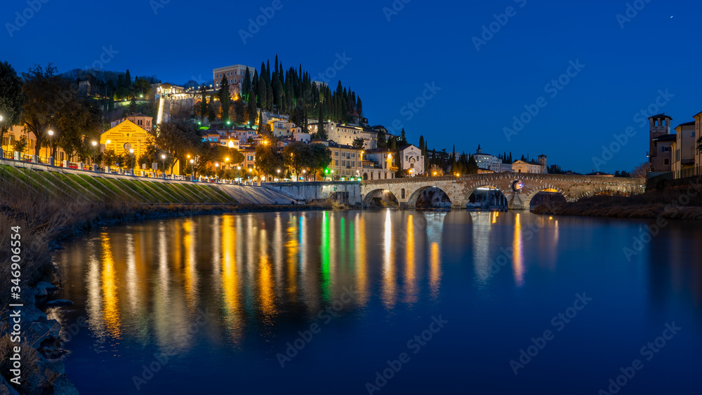verona cityscape sunset, Ponte Pietra, Verona, with Adige