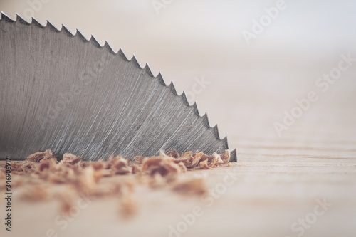 Circular saw cutting wooden plank. Circular milling in oak block.