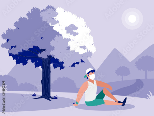 Man with mask in front of landscape vector design