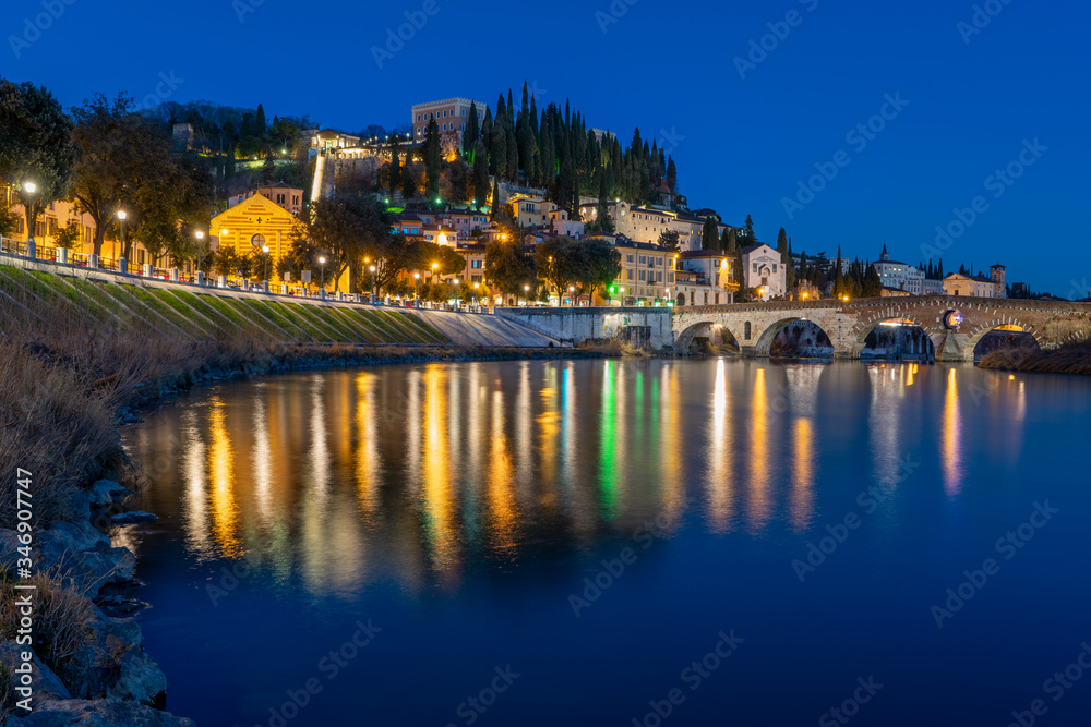 verona cityscape Ponte Pietra, Verona, with Adige