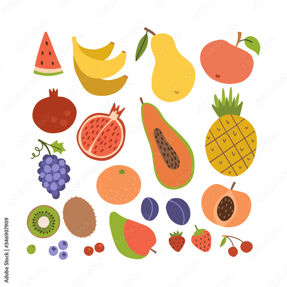 Simple cute fruit icon collection. Set of coroful summer tasty fruits. Cartoon flat style illustration.