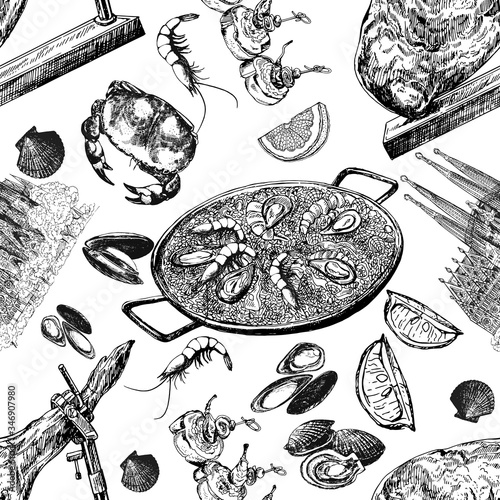 Seamless pattern of hand drawn sketch style Spainish food isolated on white background. Vector illustration.